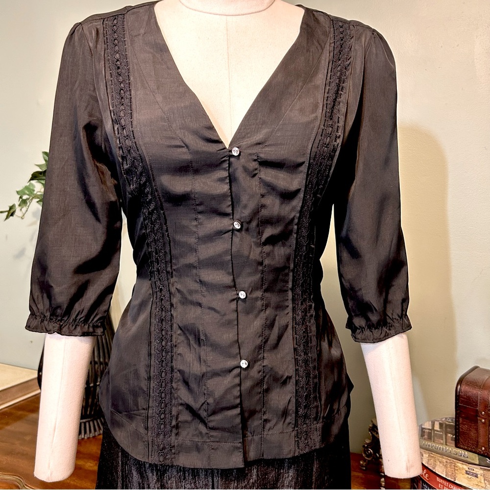 New York & Company Black Rhinestone Button Tie Back 3/4 Ruffle Sleeve Blouse
